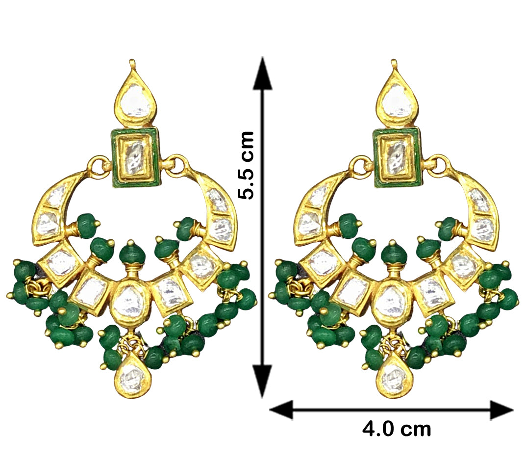 18k Gold and Diamond Polki Small Chand Bali Earring pair with green meenakari - G. K. Ratnam