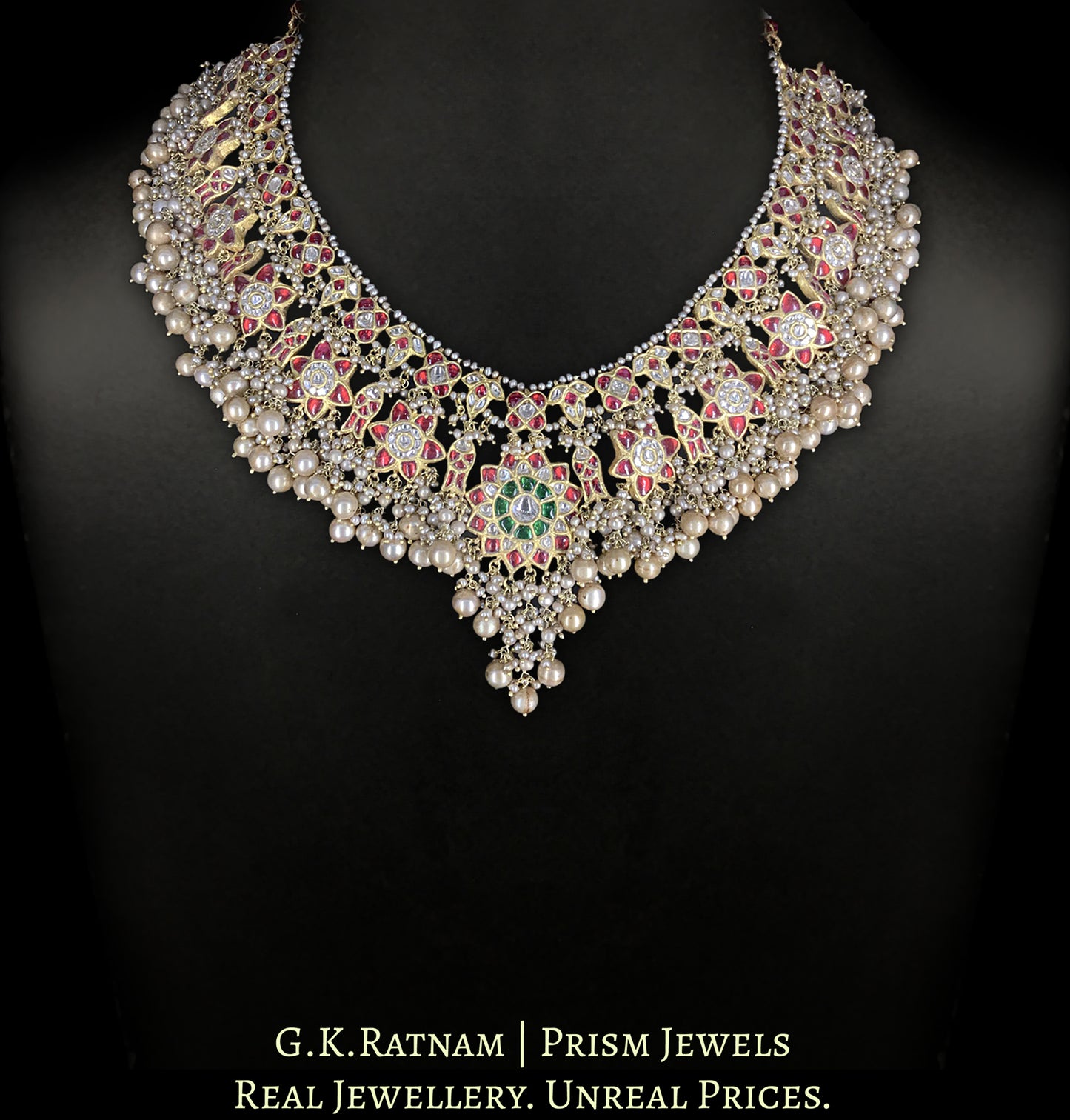 23k Gold and Diamond Polki south-style Long Necklace with Antiqued Freshwater Pearls - G. K. Ratnam