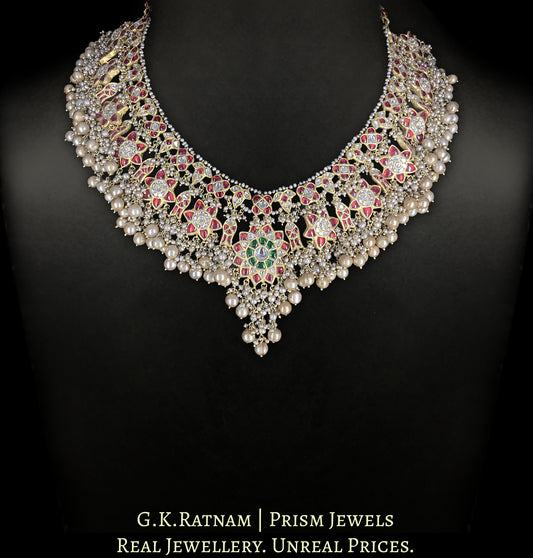 23k Gold and Diamond Polki south-style Long Necklace with Antiqued Freshwater Pearls - G. K. Ratnam