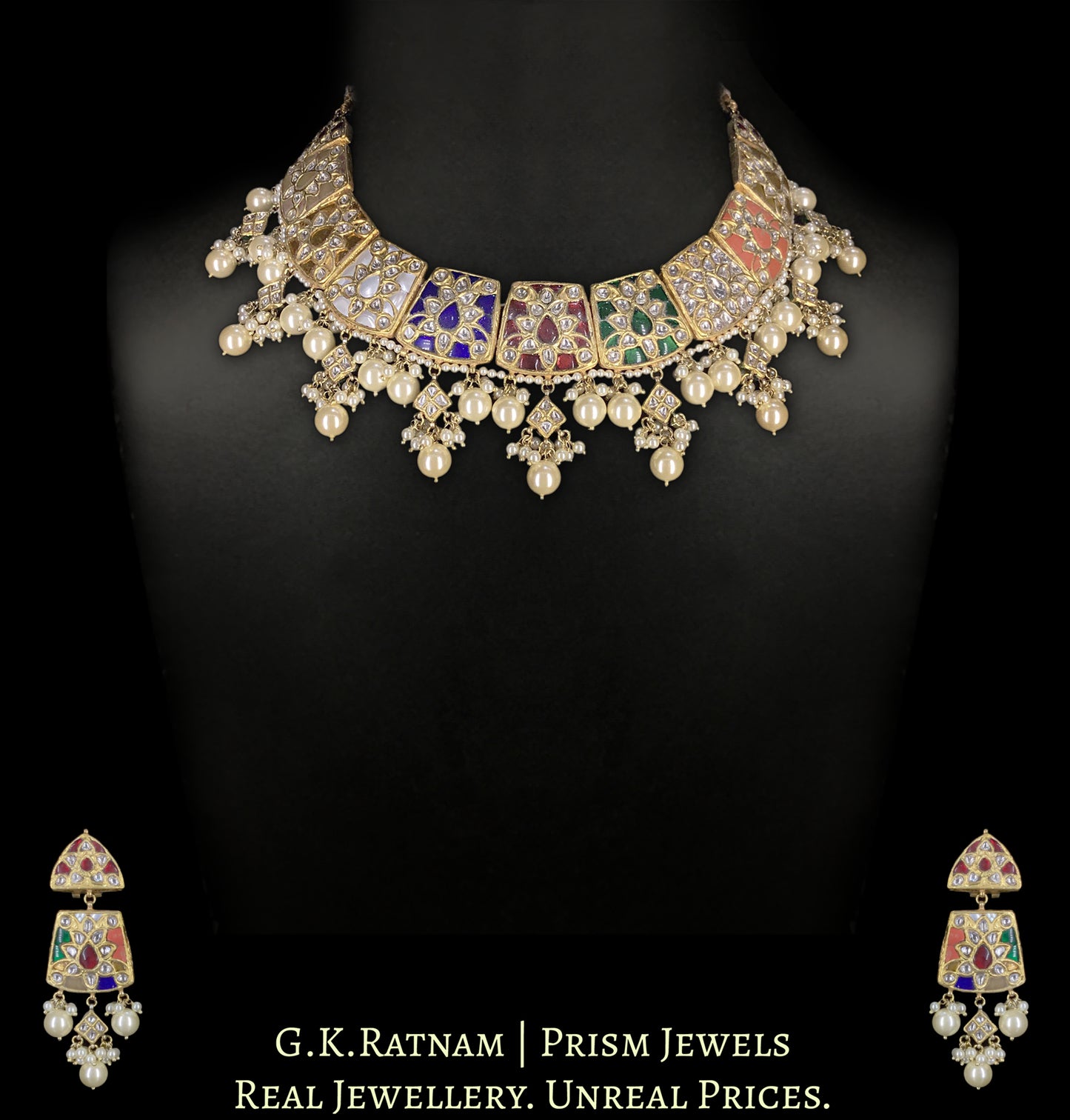 23k Gold and Diamond Polki Navratna Necklace Set enhanced with Lustrous Pearls