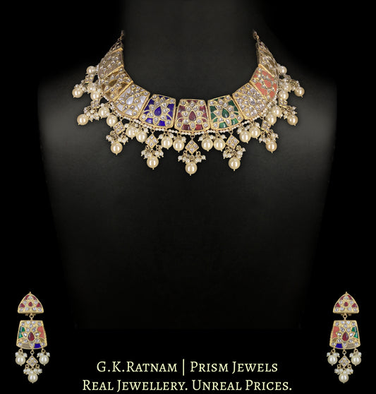 23k Gold and Diamond Polki Navratna Necklace Set enhanced with Lustrous Pearls