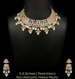 23k Gold and Diamond Polki Navratna Necklace Set enhanced with Lustrous Pearls