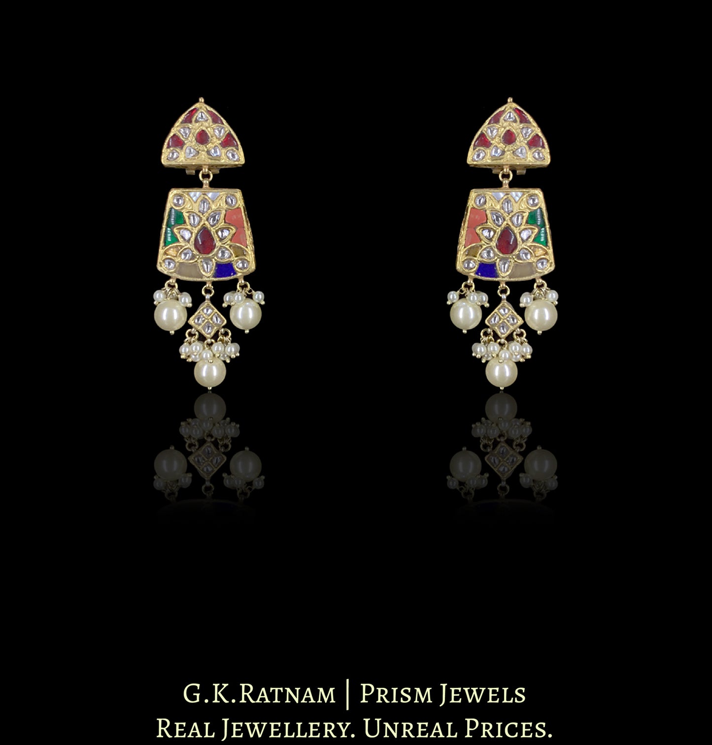 23k Gold and Diamond Polki Navratna Necklace Set enhanced with Lustrous Pearls