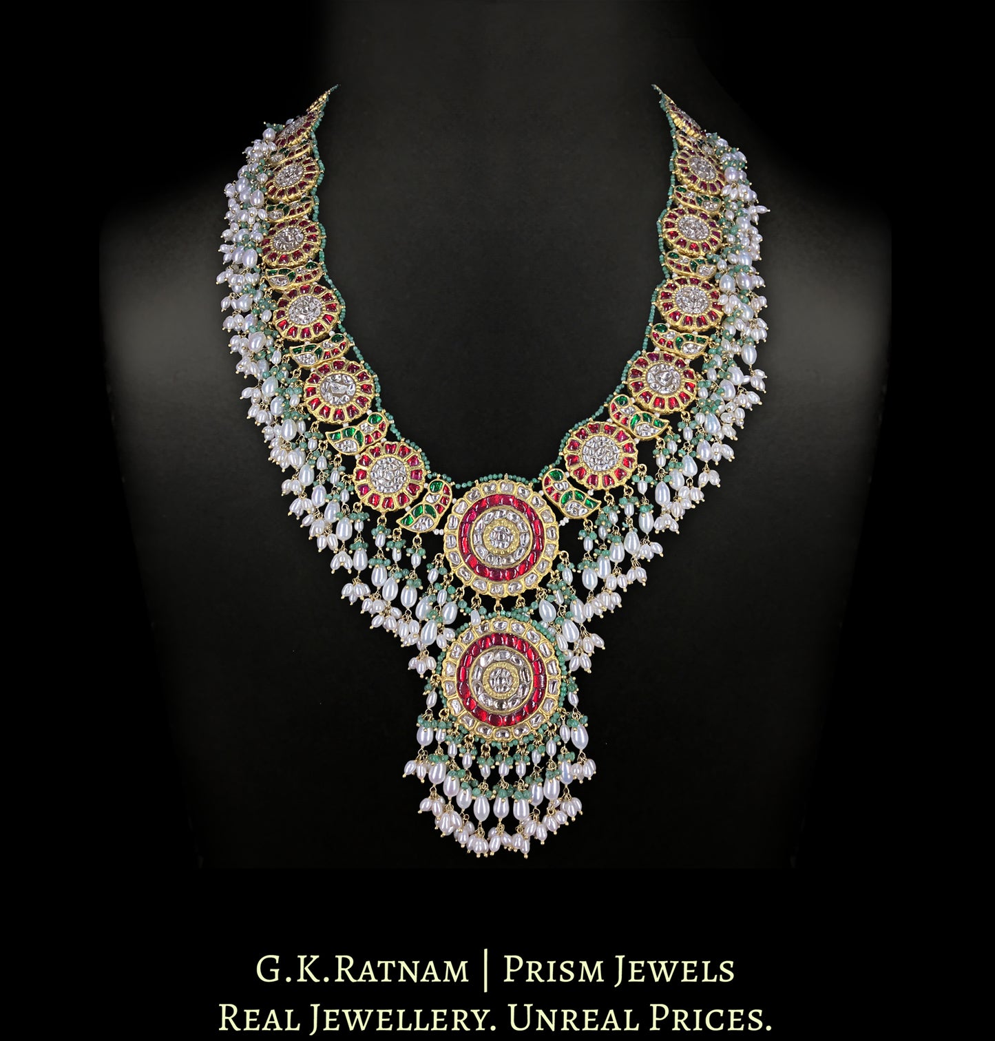 23k Gold and Diamond Polki south-style Long Necklace with Natural Emeralds and Freshwater Pearls