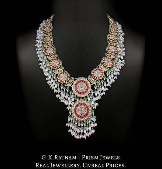 23k Gold and Diamond Polki south-style Long Necklace with Natural Emeralds and Freshwater Pearls
