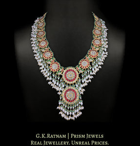 23k Gold and Diamond Polki south-style Long Necklace with Natural Emeralds and Freshwater Pearls