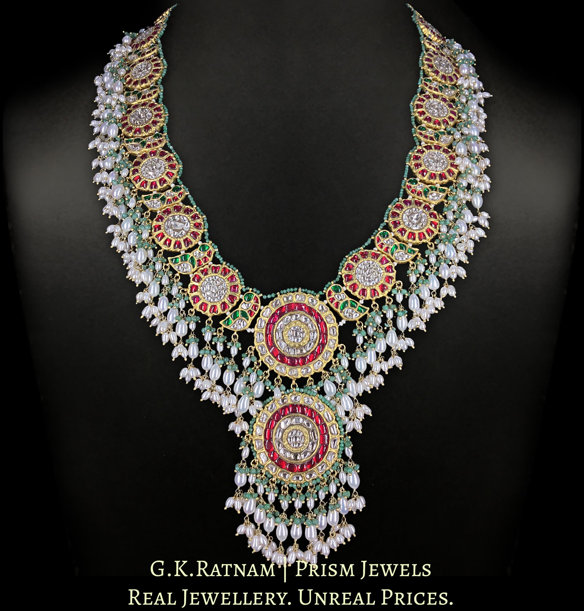 23k Gold and Diamond Polki south-style Long Necklace with Natural Emeralds and Freshwater Pearls