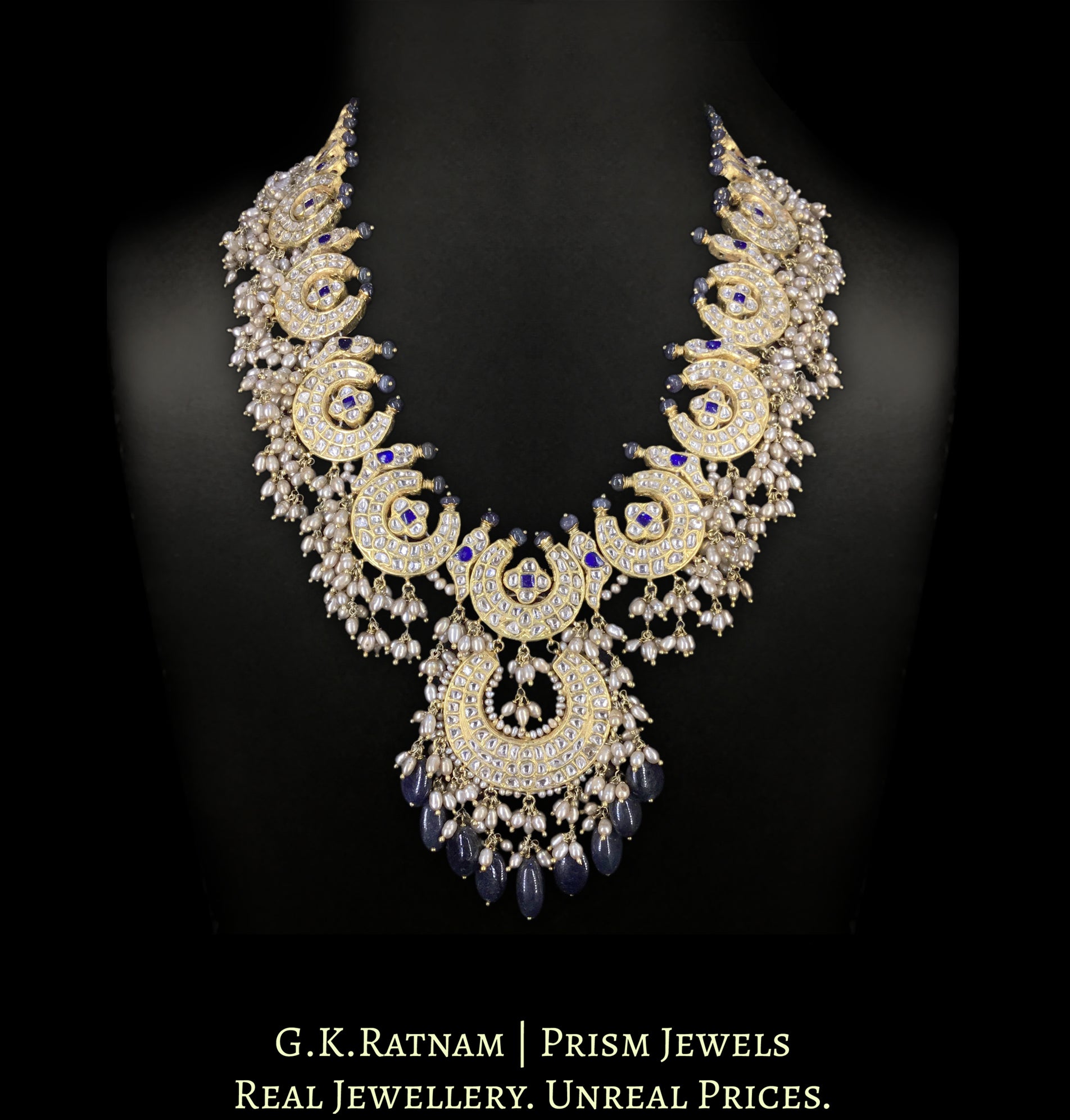 23k Gold and Diamond Polki Long Necklace with Chand Motifs strung in Antiqued Rice Pearls and Blue Sapphires