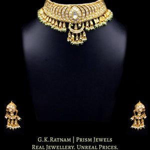 18k Gold and Diamond Polki Choker Necklace Set with concentric crescents and fish-shaped uncut hangings