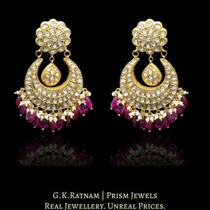 23k Gold and Diamond Polki Chand Bali Earring pair with natural freshwater pearls and tourmaline-look red stones