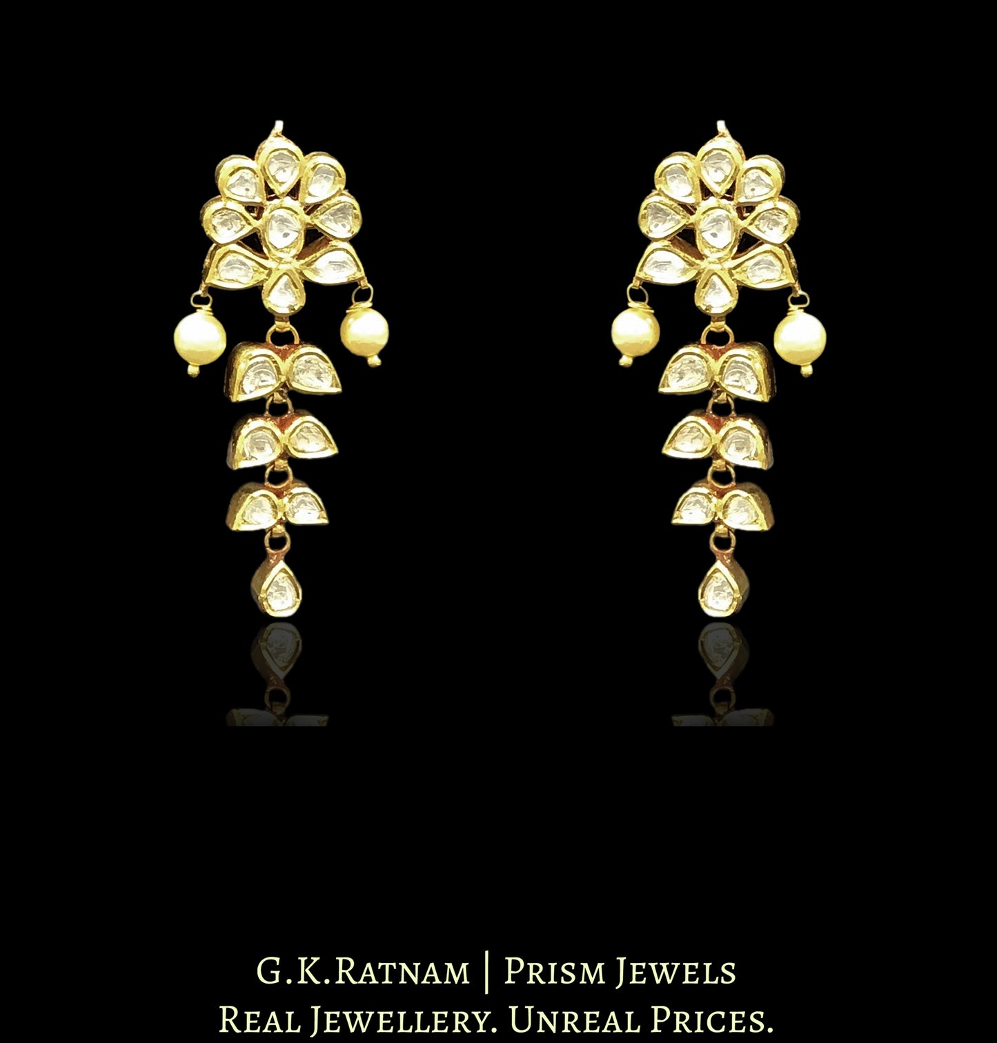 Traditional Gold and Diamond Polki Long Earring Pair with floral tops and leafy hangings - G. K. Ratnam
