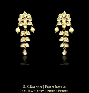 Traditional Gold and Diamond Polki Long Earring Pair with floral tops and leafy hangings - G. K. Ratnam