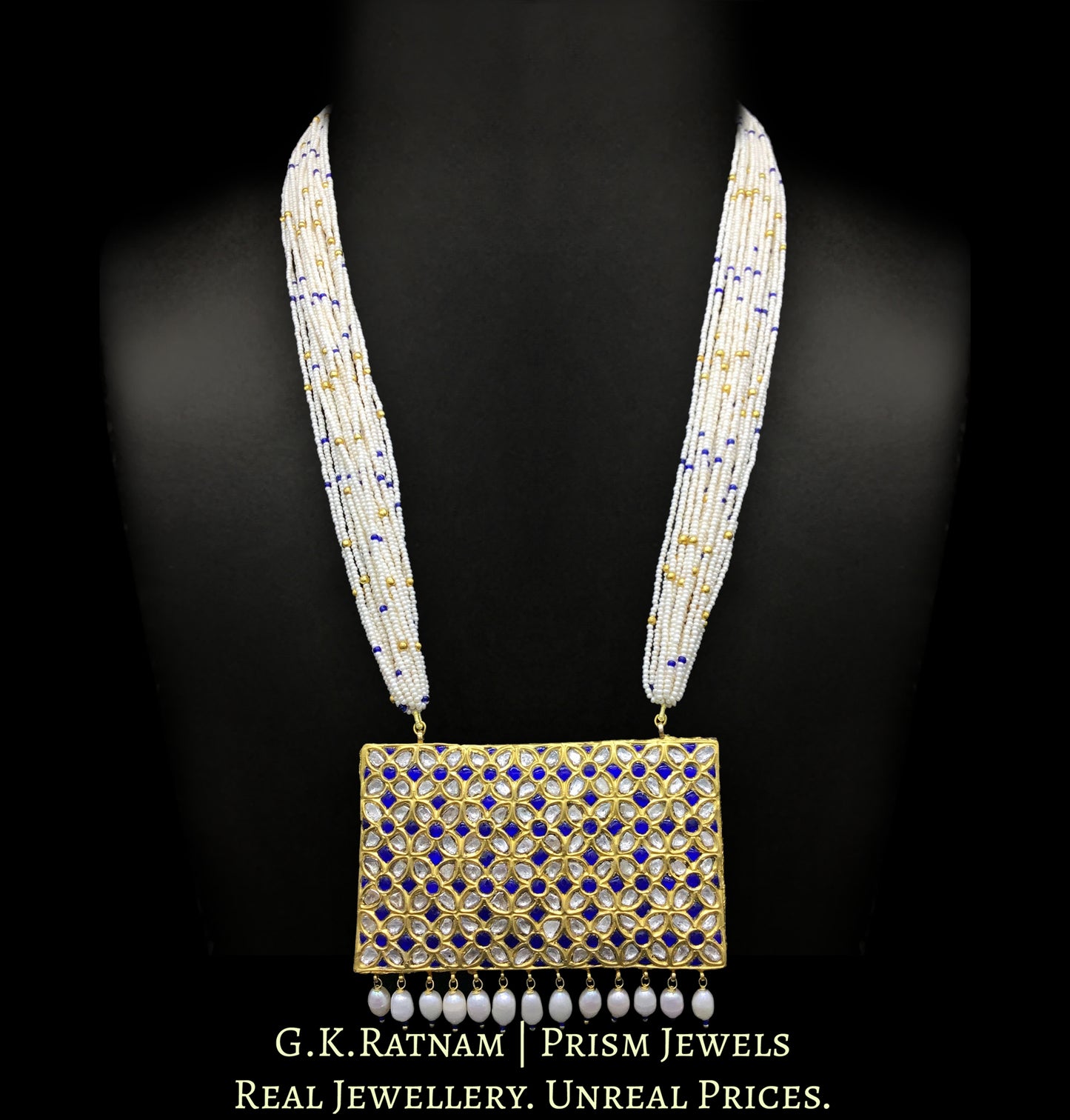 23k Gold and Diamond Polki blue rectangle Pendant with chid pearl bunches - G. K. Ratnam
