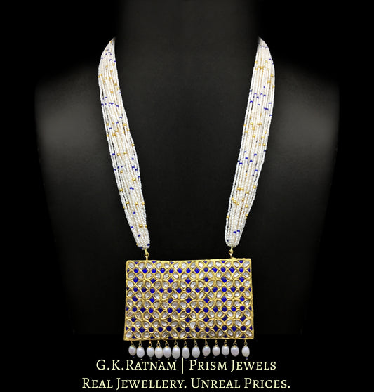 23k Gold and Diamond Polki blue rectangle Pendant with chid pearl bunches - G. K. Ratnam