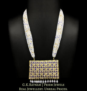 23k Gold and Diamond Polki blue rectangle Pendant with chid pearl bunches