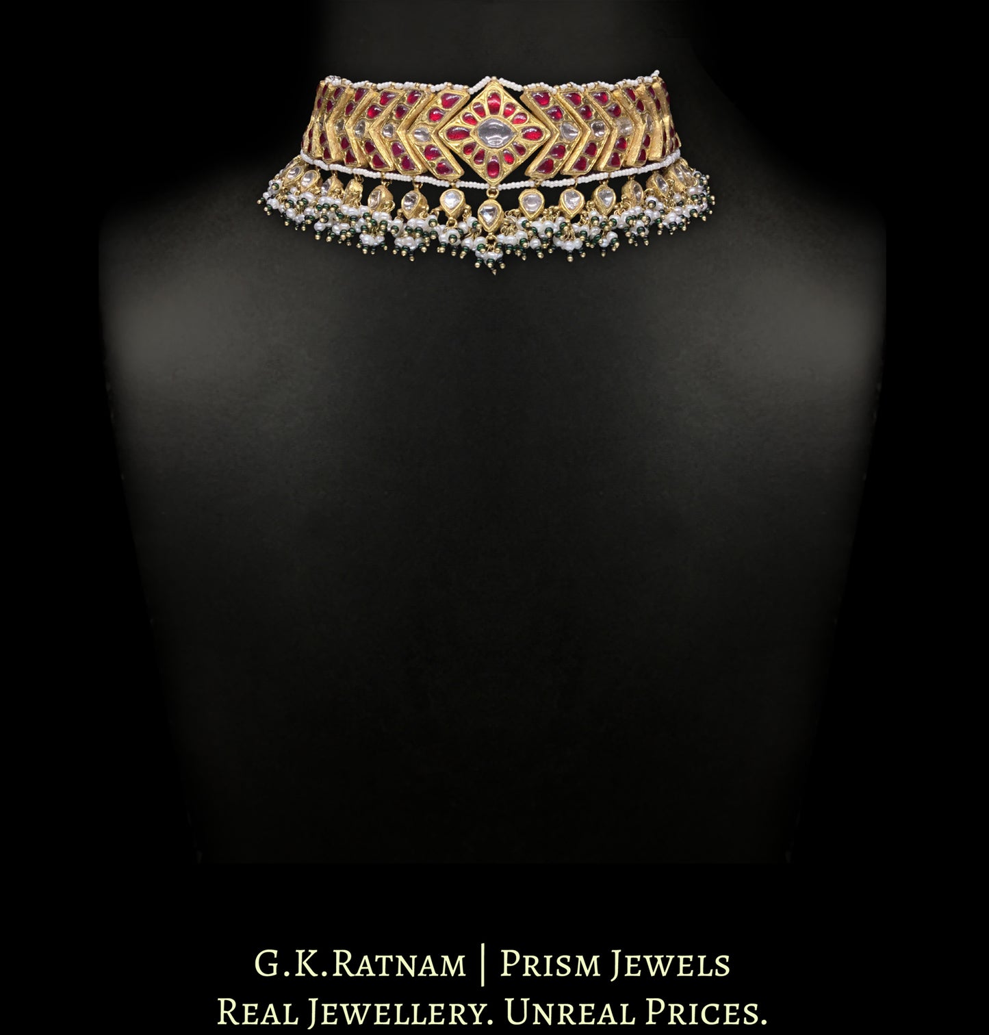 23k Gold and Diamond Polki south-style V-Choker Necklace With Natural Freshwater Pearls