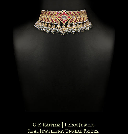 23k Gold and Diamond Polki south-style V-Choker Necklace With Natural Freshwater Pearls
