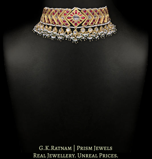 23k Gold and Diamond Polki south-style V-Choker Necklace With Natural Freshwater Pearls