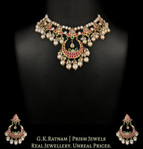 23k Gold And Diamond Polki south-style Necklace Set strung in Antiqued Freshwater Pearls