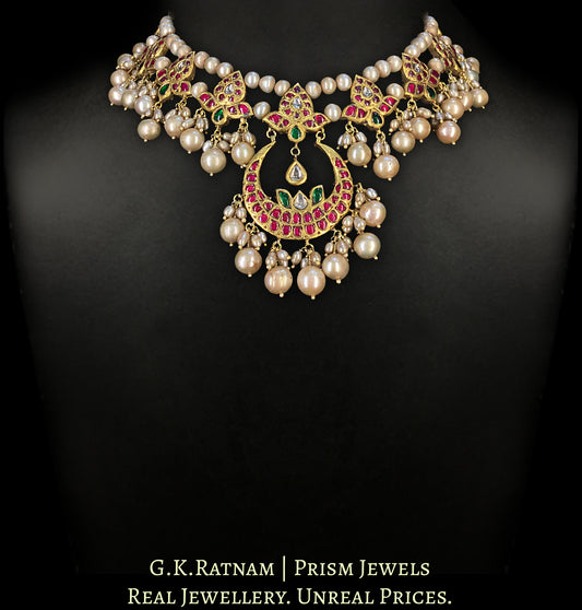 23k Gold And Diamond Polki south-style Necklace Set strung in Antiqued Freshwater Pearls