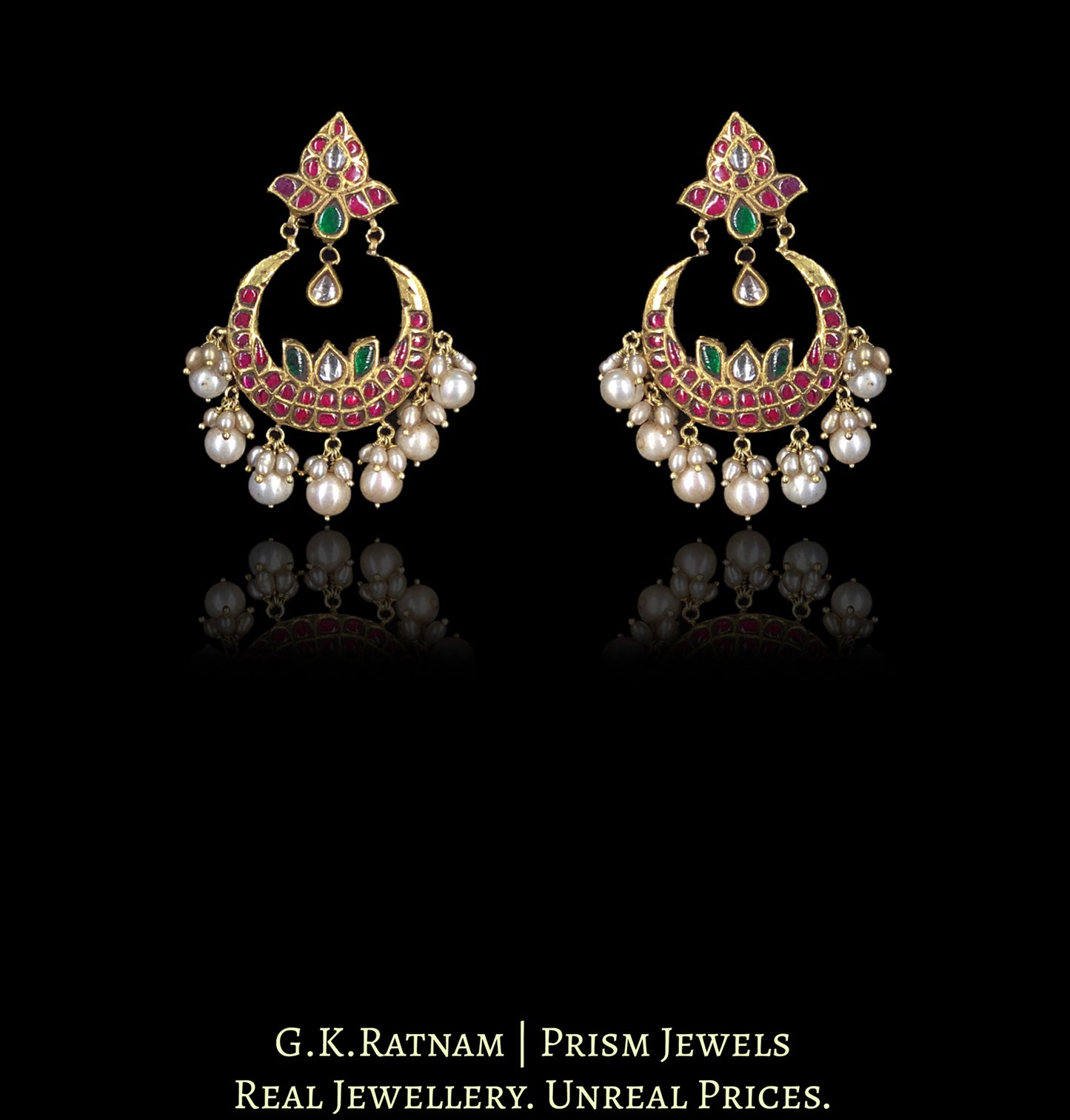 23k Gold And Diamond Polki south-style Necklace Set strung in Antiqued Freshwater Pearls
