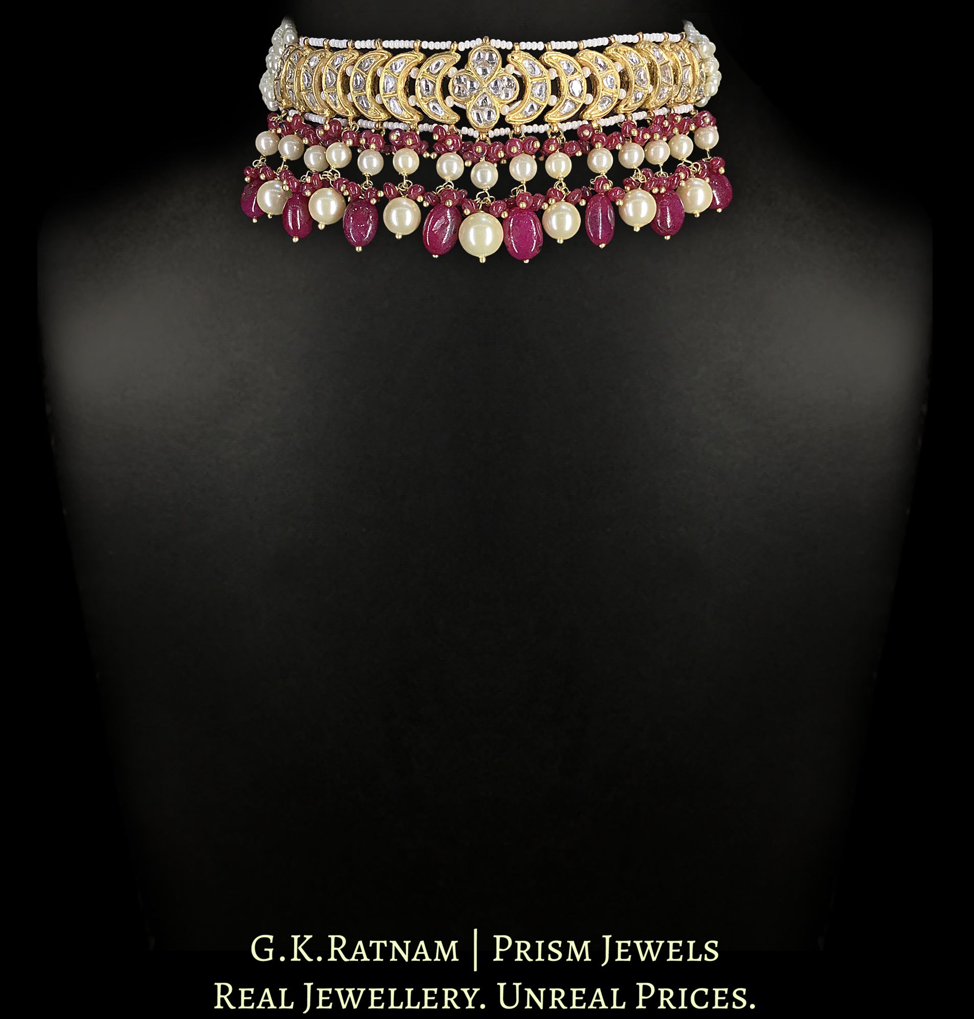 23k Gold and Diamond Polki Choker Necklace Set with Rubies