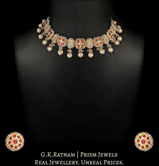 23k Gold and Diamond Polki south-style Choker Necklace Set with Antiqued Hyderabadi Pearls