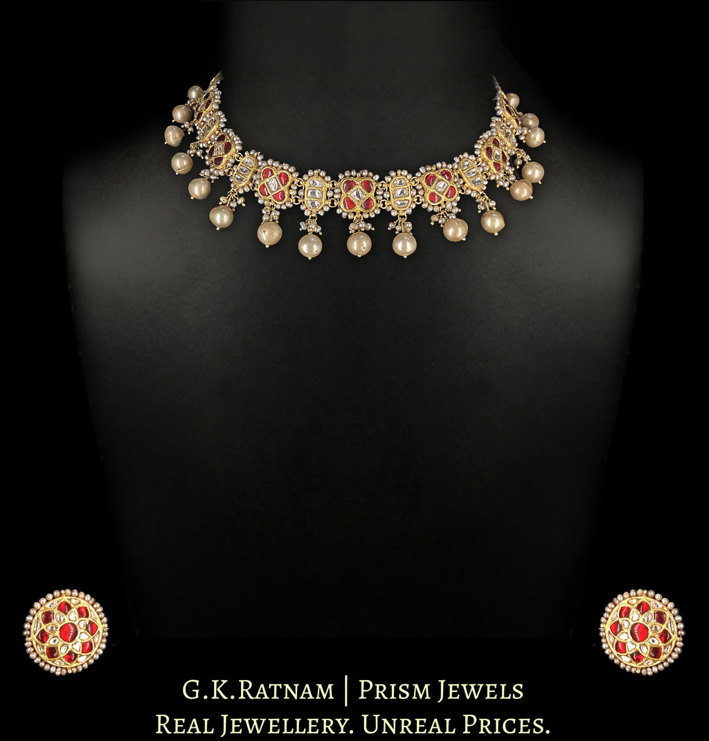 23k Gold and Diamond Polki south-style Choker Necklace Set with Antiqued Hyderabadi Pearls