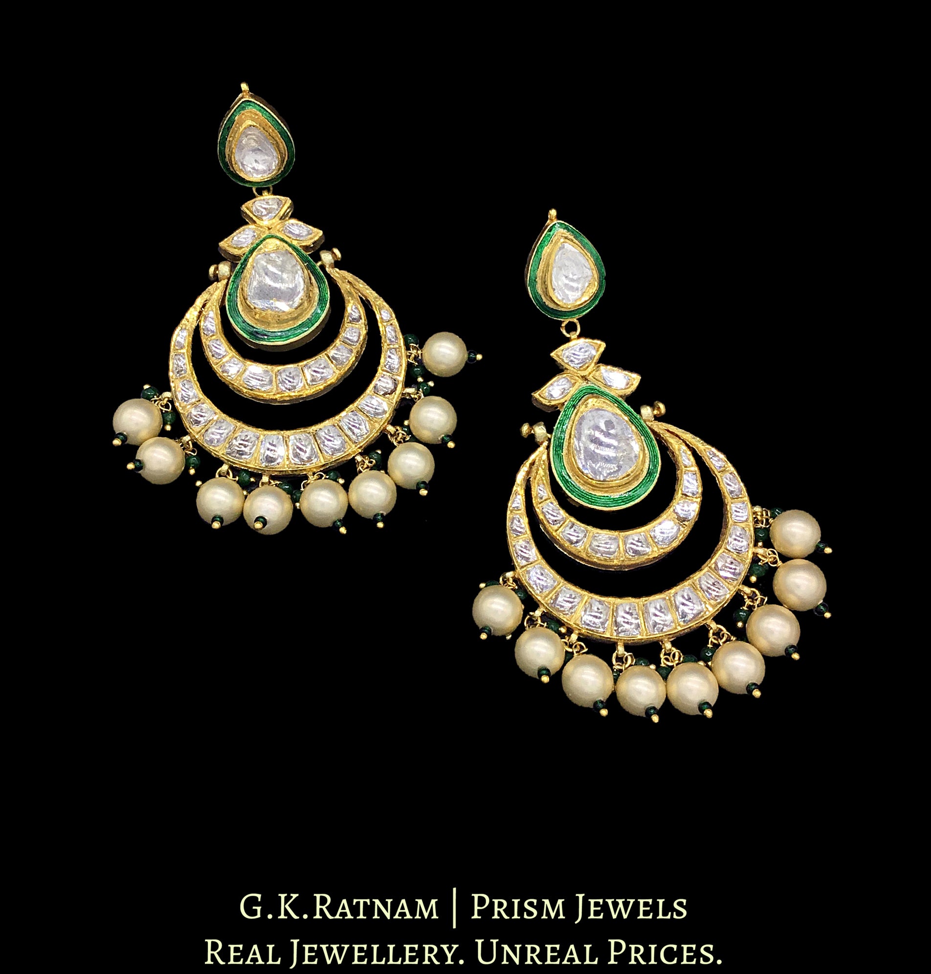22k Gold and Diamond Polki Chand Bali Earring Pair with Green Enamelling - G. K. Ratnam