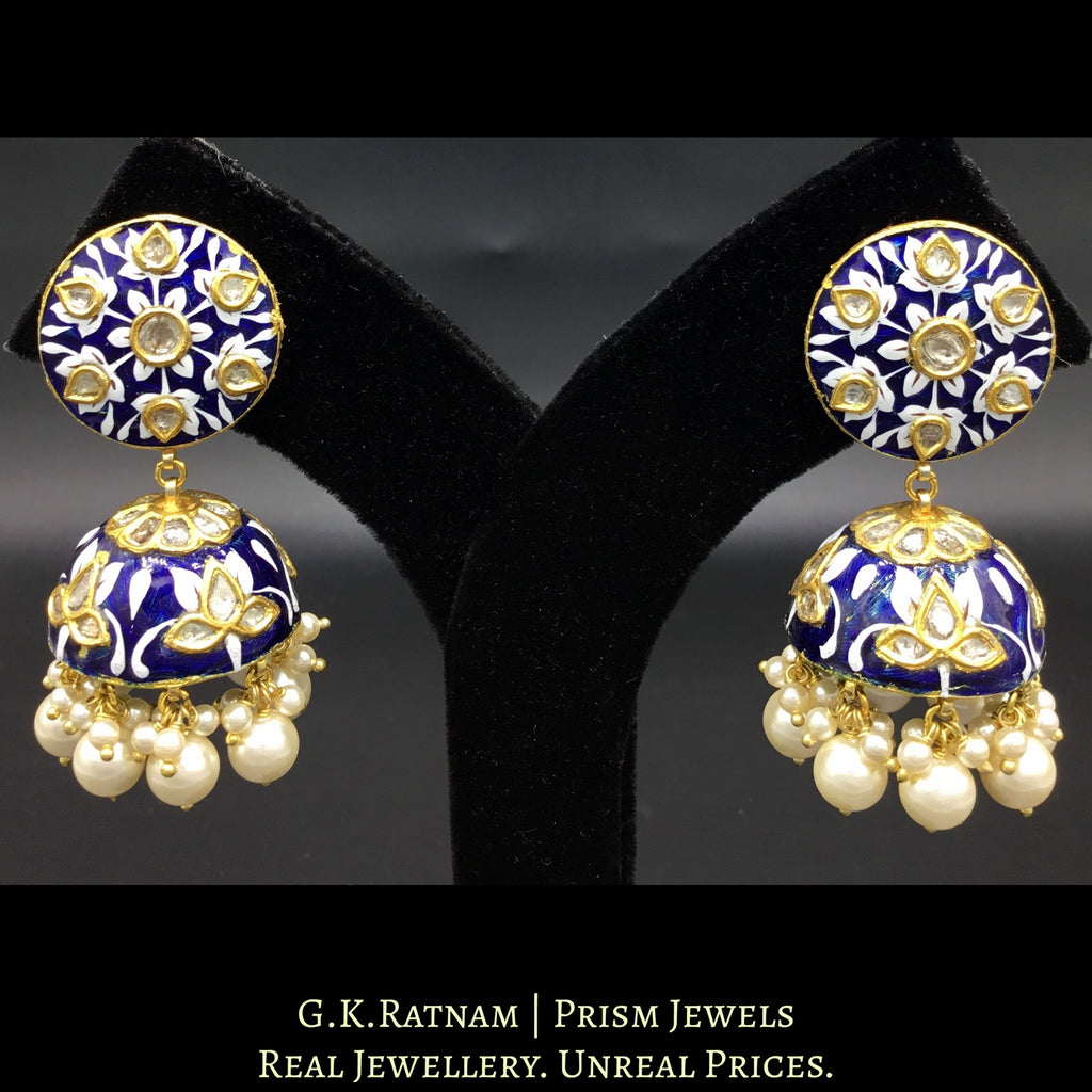 23k Gold and Diamond Polki Jhumki Earring Pair with royal blue enamelling