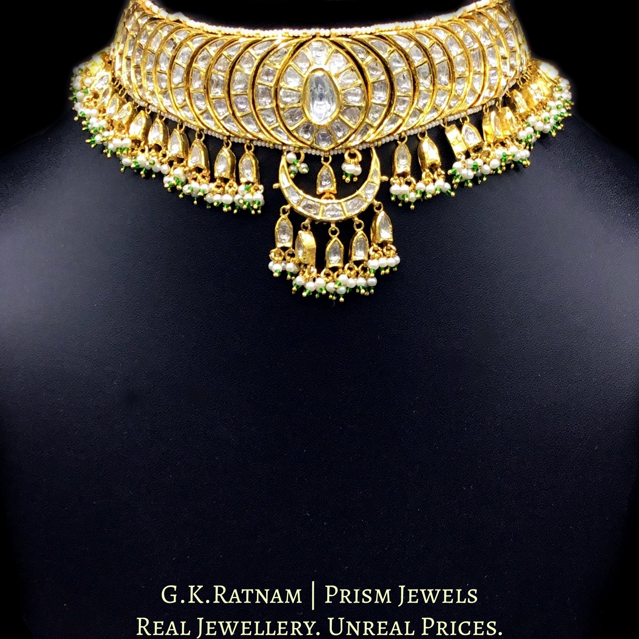 18k Gold and Diamond Polki Choker Necklace Set with concentric crescents and fish-shaped uncut hangings