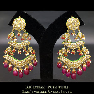 23k Gold and Diamond Polki pasa-style Chandelier Earring Pair with natural rubies