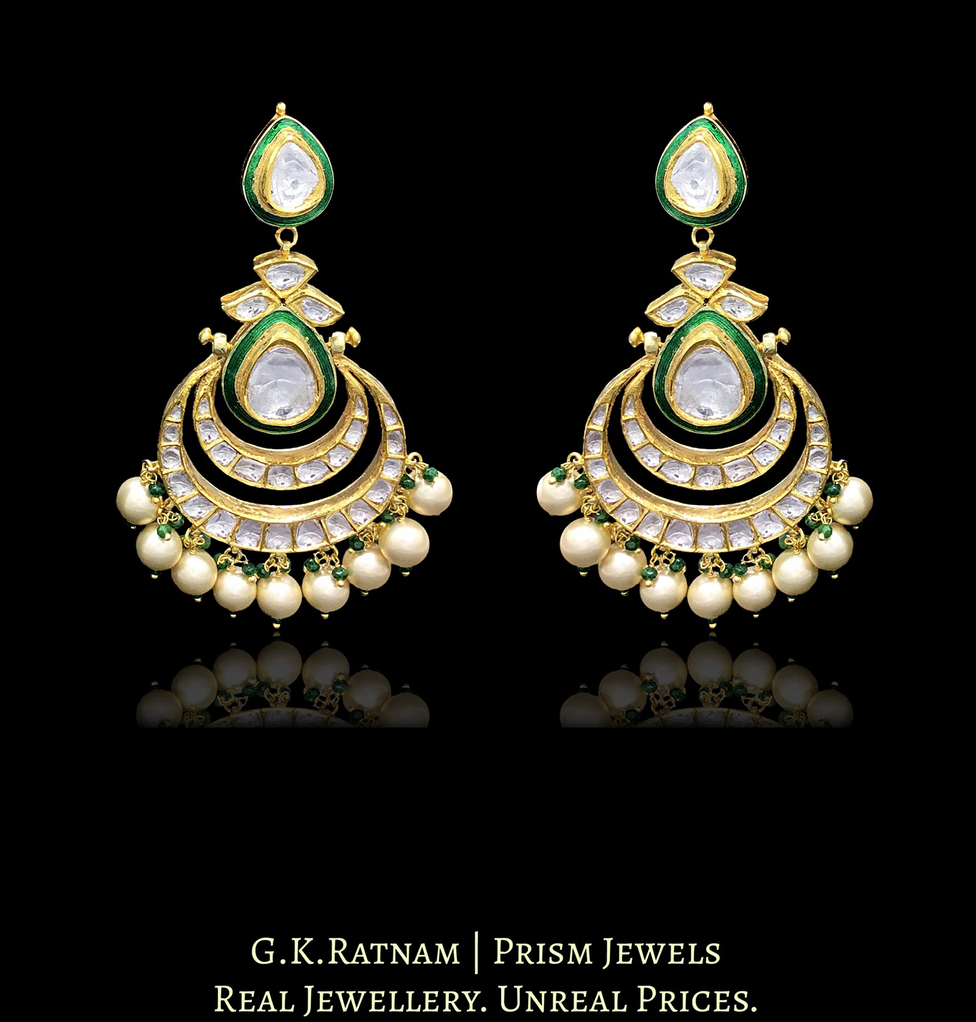 22k Gold and Diamond Polki Chand Bali Earring Pair with Green Enamelling - G. K. Ratnam