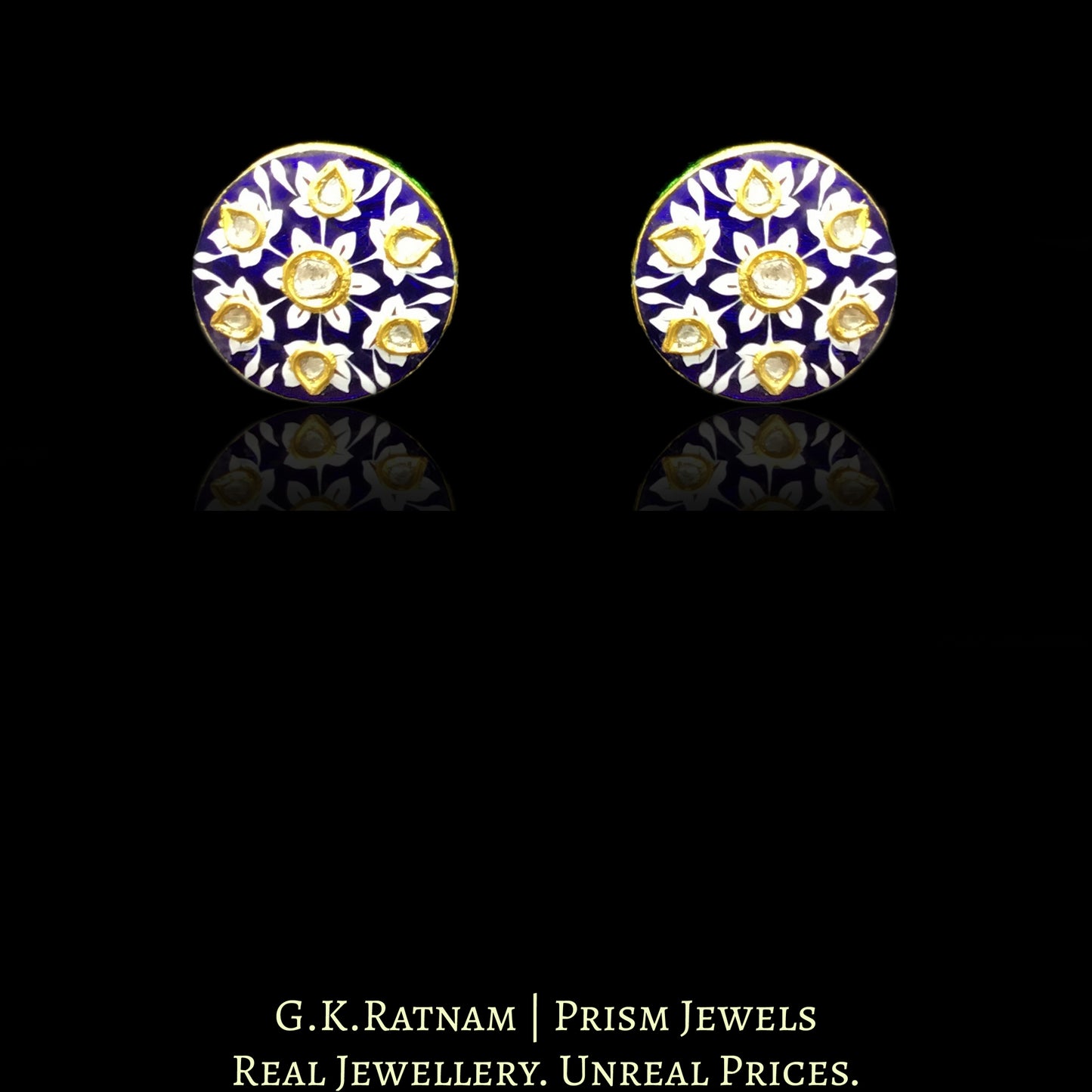 23k Gold and Diamond Polki Tops / Studs Earring Pair with exquisite blue and white enamelling