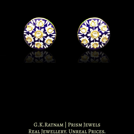 23k Gold and Diamond Polki Tops / Studs Earring Pair with exquisite blue and white enamelling