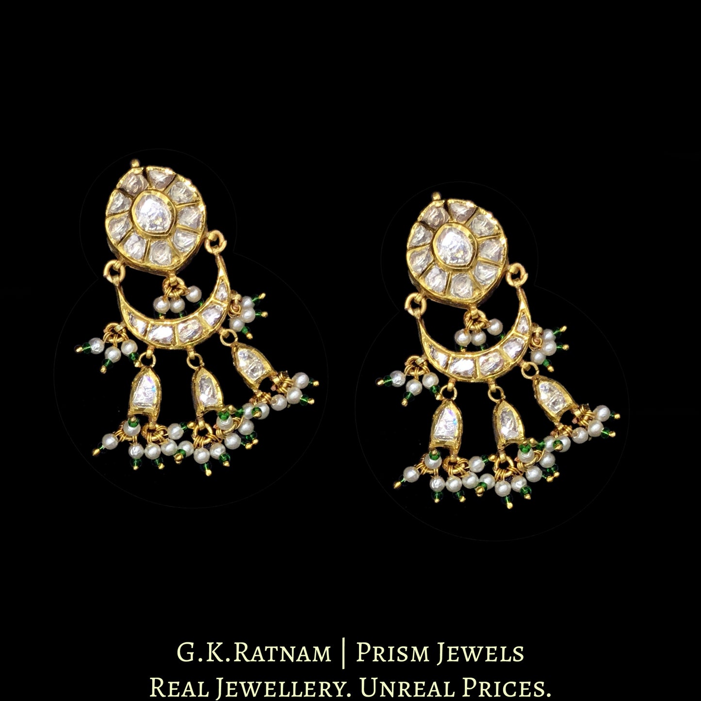 18k Gold and Diamond Polki Choker Necklace Set with concentric crescents and fish-shaped uncut hangings