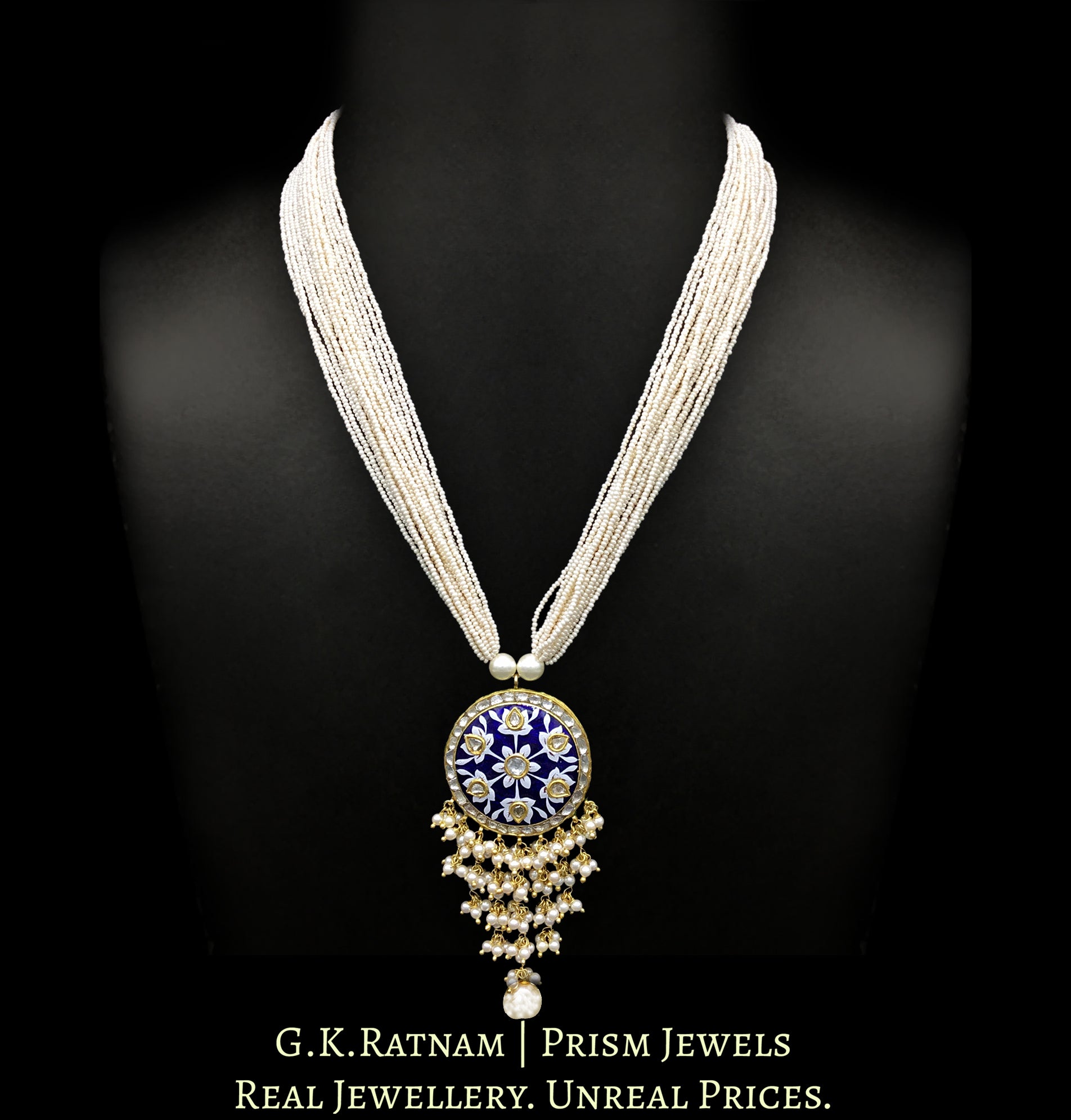 23k Gold and Diamond Polki round Pendant with fine blue and white pottery