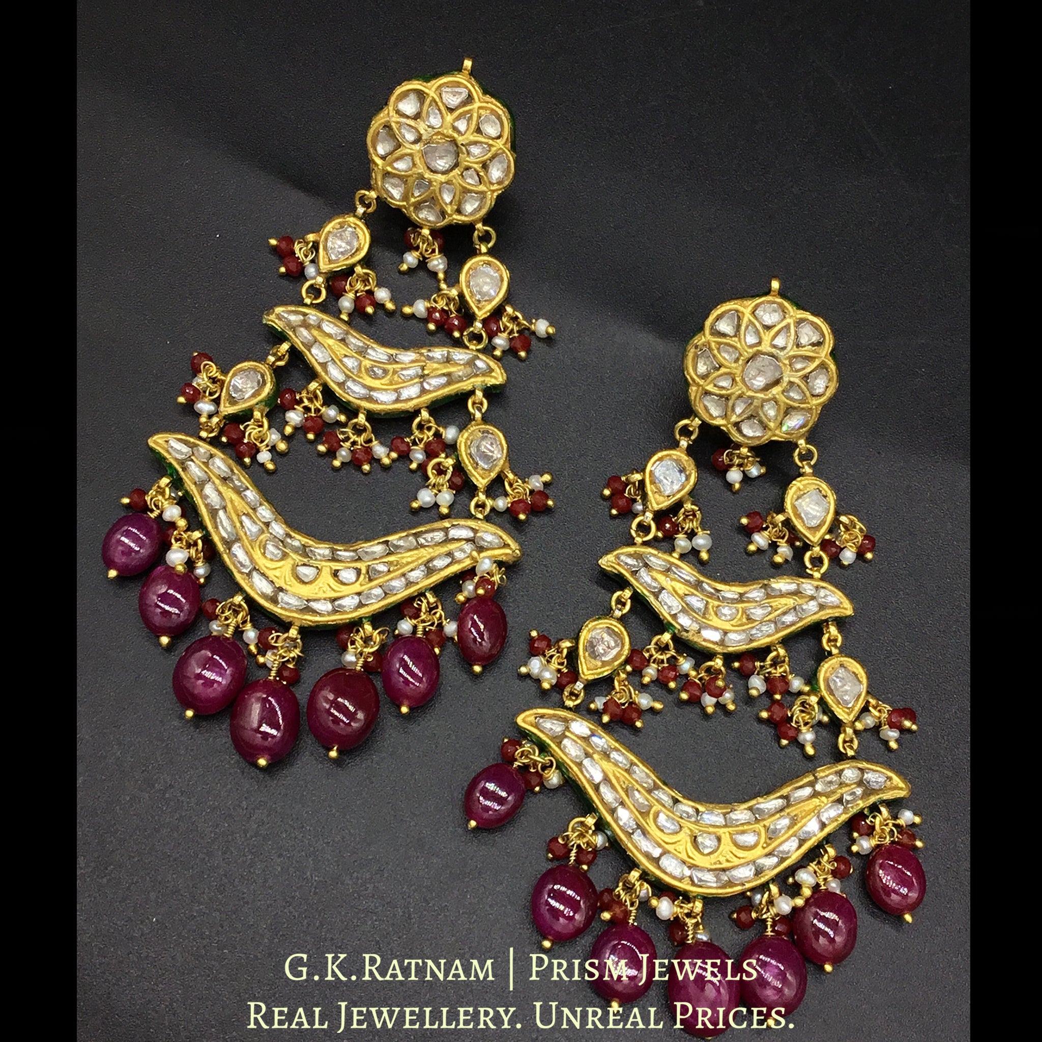 23k Gold and Diamond Polki pasa-style Chandelier Earring Pair with natural rubies