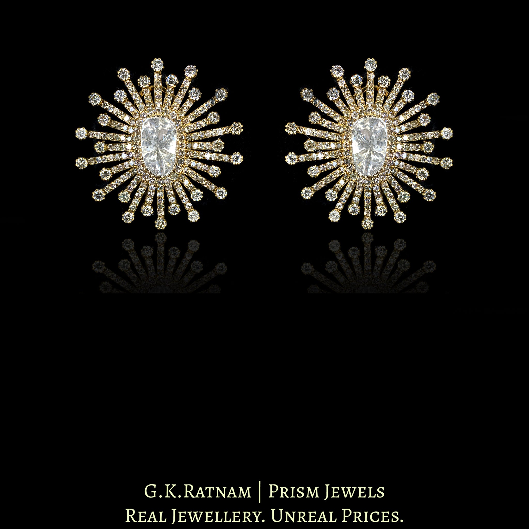 14k Gold and Diamond Polki Open Setting floral Karnfool Earring Pair in Antique Victorian Finish