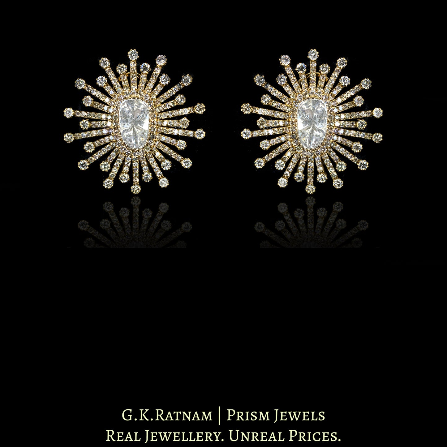 14k Gold and Diamond Polki Open Setting floral Karnfool Earring Pair in Antique Victorian Finish - G. K. Ratnam