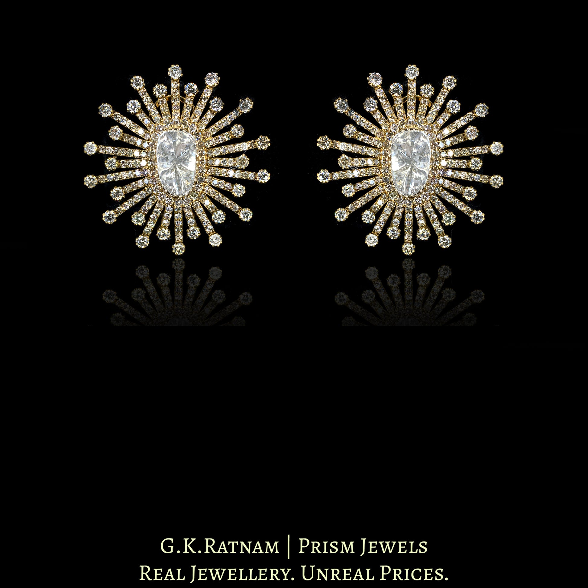 14k Gold and Diamond Polki Open Setting floral Karnfool Earring Pair in Antique Victorian Finish - G. K. Ratnam