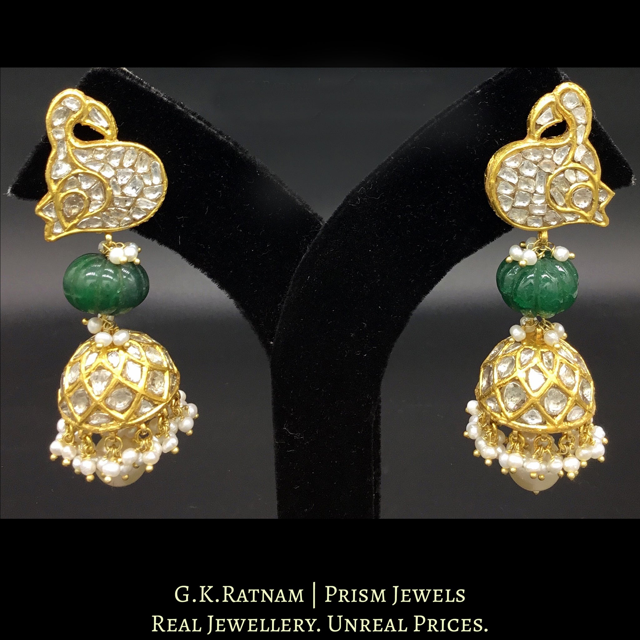 23k Gold and Diamond Polki Jhumki Earring Pair with peacock (mor) shaped tops