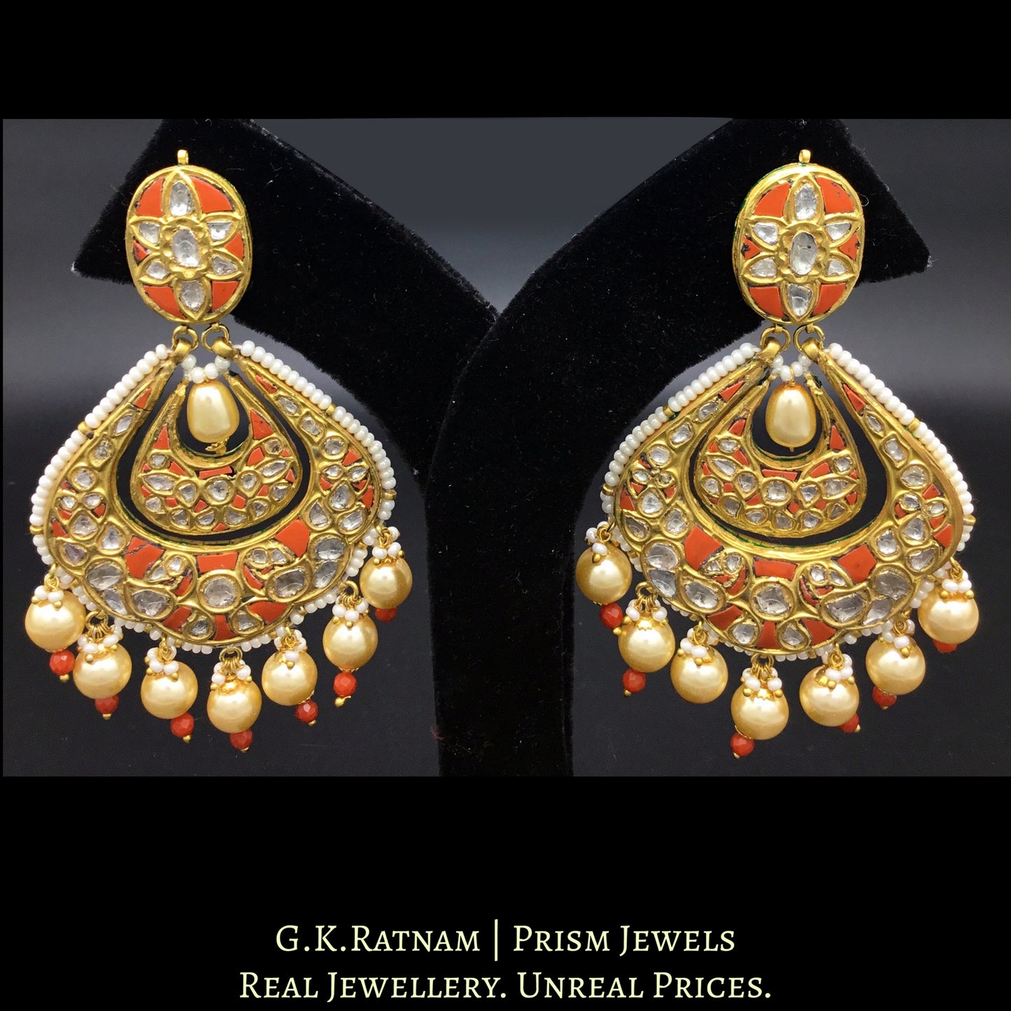 23k Gold and Diamond Polki Chand Bali Earring pair set with matte finish corals