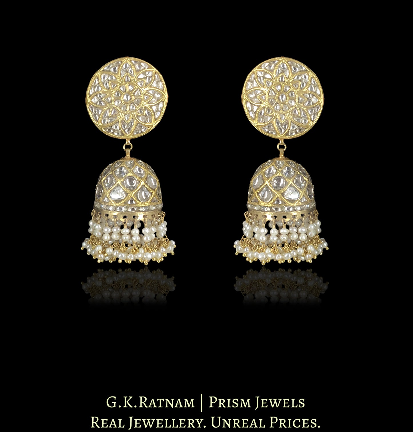 23k Gold and Diamond Polki Jhumki Earring Pair With Natural Hyderabadi Pearls - G. K. Ratnam
