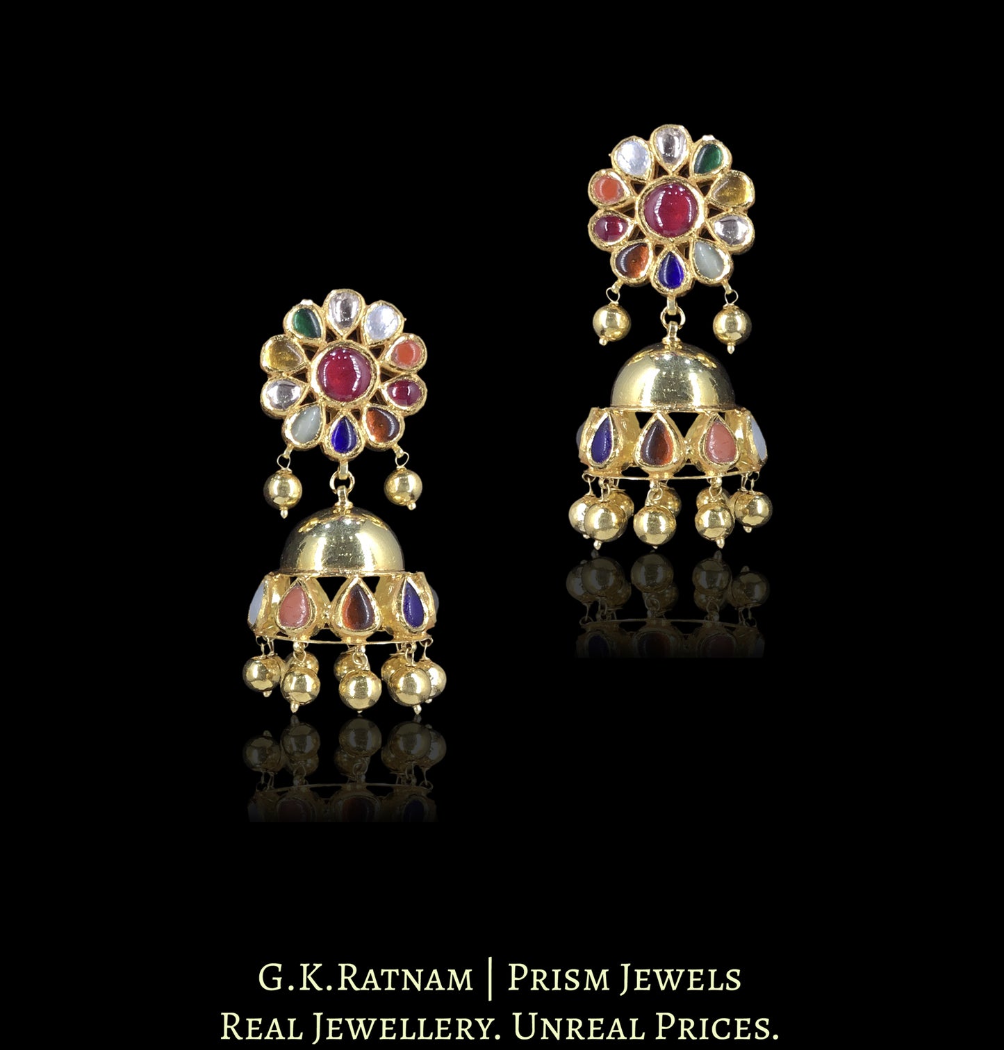18k Gold and Diamond Polki Navratna tussi-style Necklace Set with Jhumkis