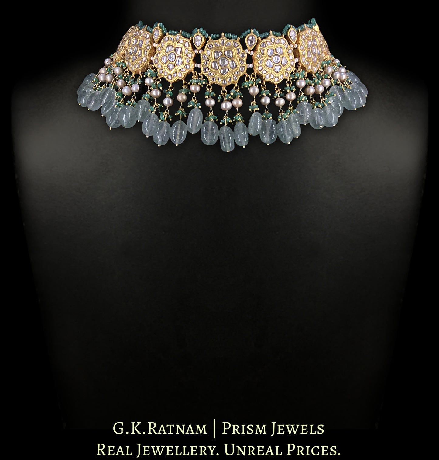 23k Gold and Diamond Polki Choker Necklace Set enhanced with Natural Emeralds, Antiqued Freshwater Pearls And Strawberry Quartz - G. K. Ratnam