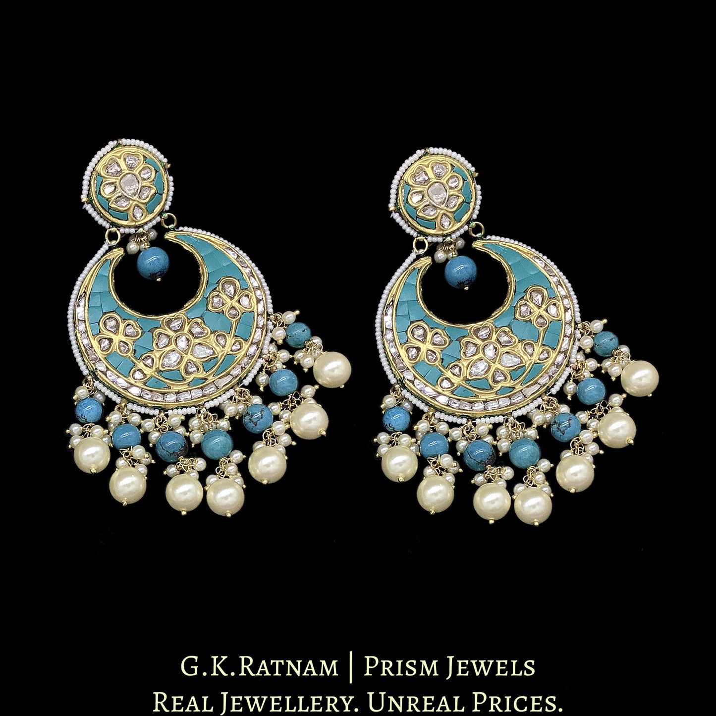 23k Gold and DIamond Polki Chand Bali Earring Pair with Turquoise Setting - G. K. Ratnam