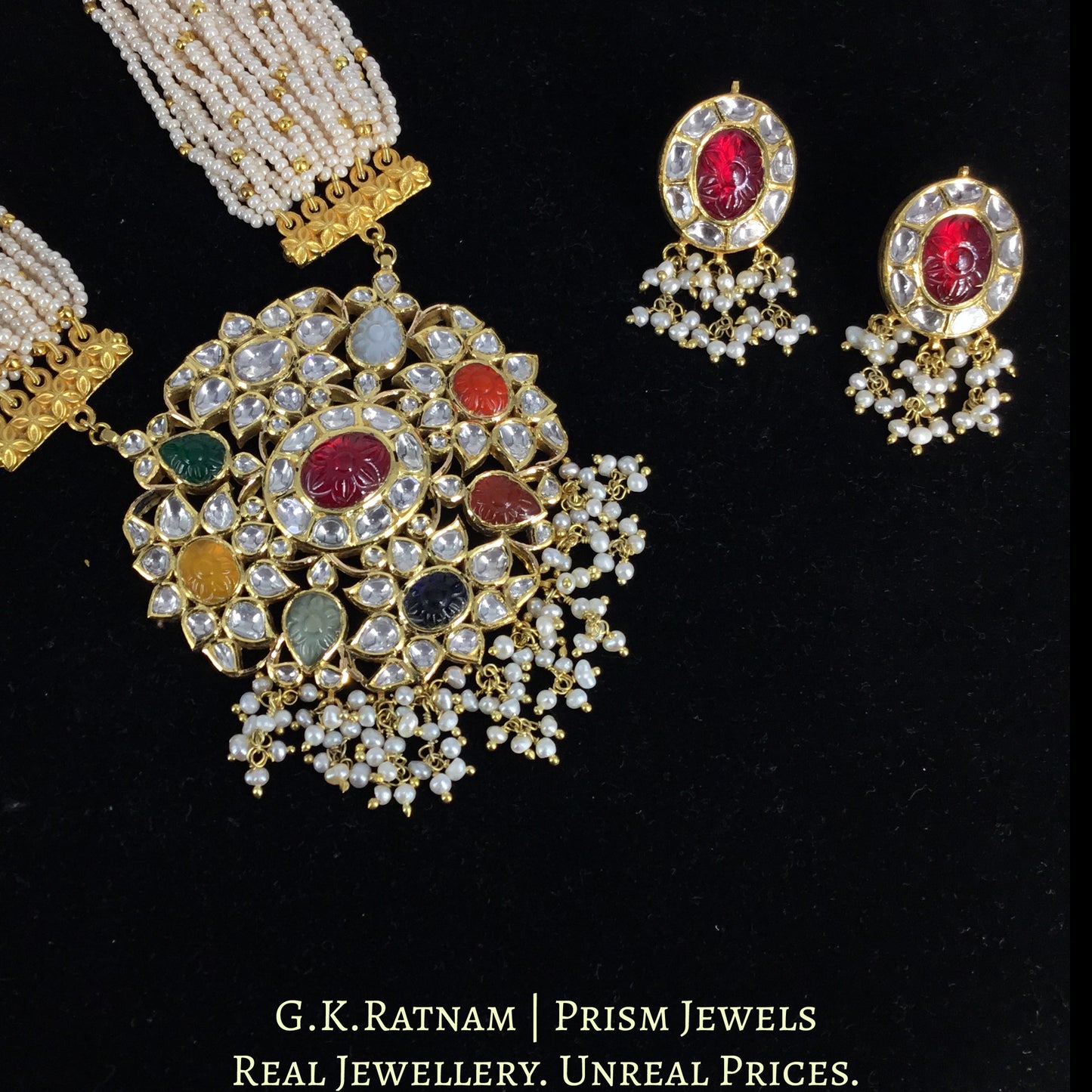 18k Gold and Diamond Polki Navratna Pendant Set With intricately carved navratans - G. K. Ratnam