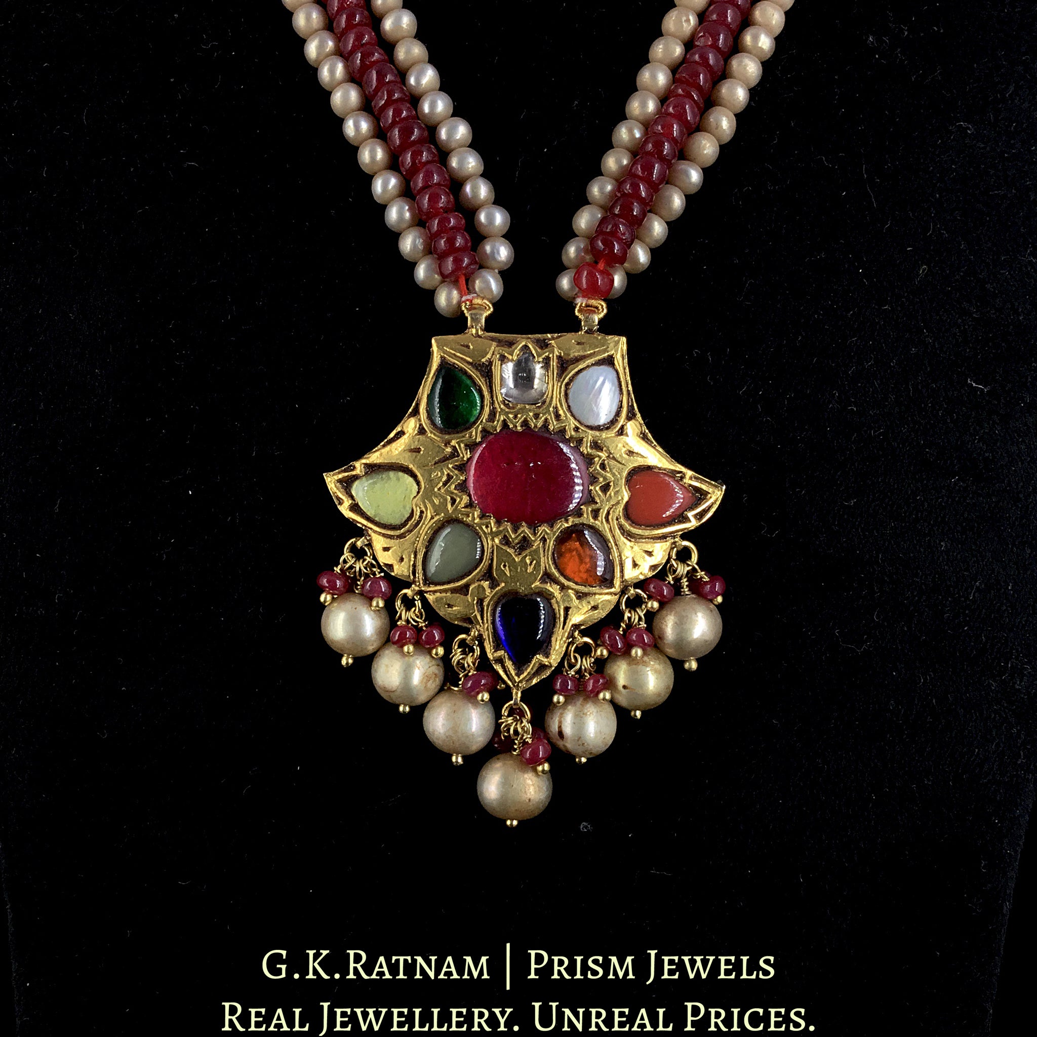 23k Gold and Diamond Polki fan-shaped Navratna Pendant With Rubies and Antiqued Freshwater Pearls