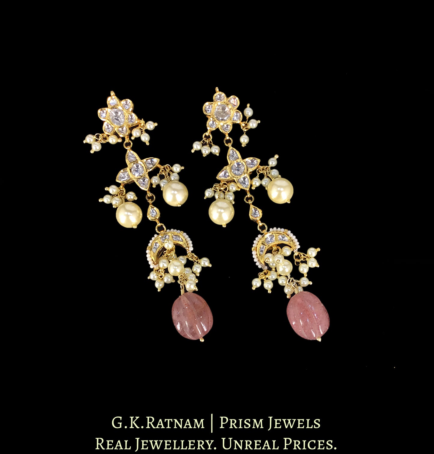 18k Gold and Diamond Polki Choker Necklace Set with inverted crescents motifs enhanced by hand-carved Strawberry Quartz Melons and Pearls